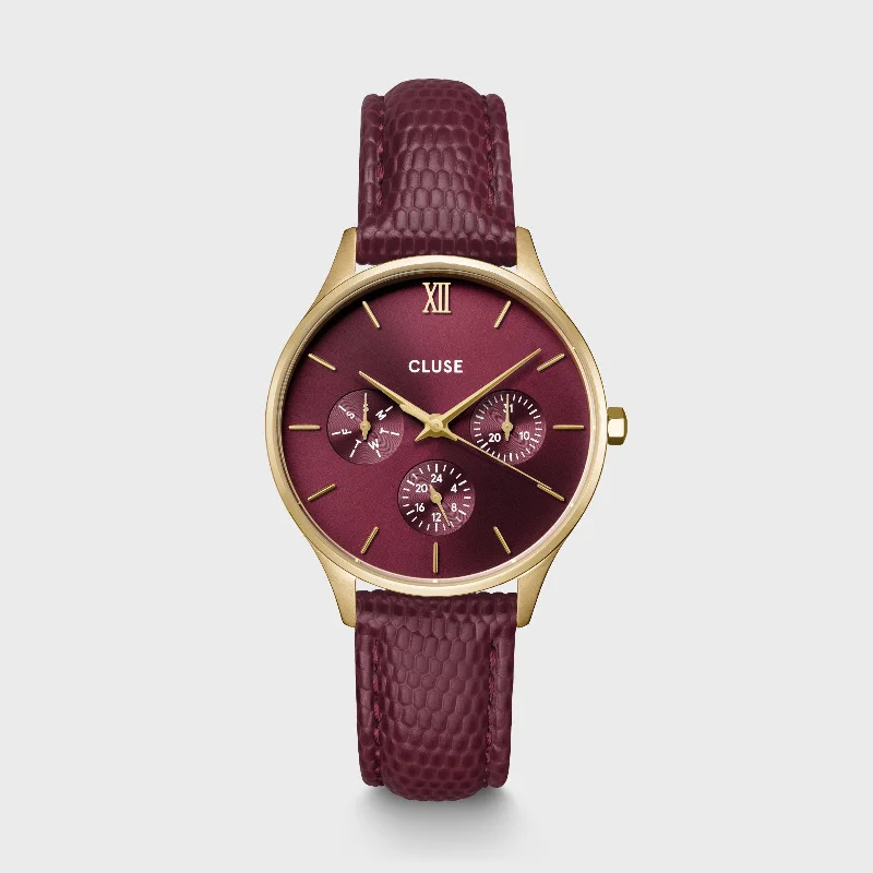 Women's Mechanical Watch Store-Minuit Multifunction Watch Leather, Dark Cherry Lizard, Gold Colour
