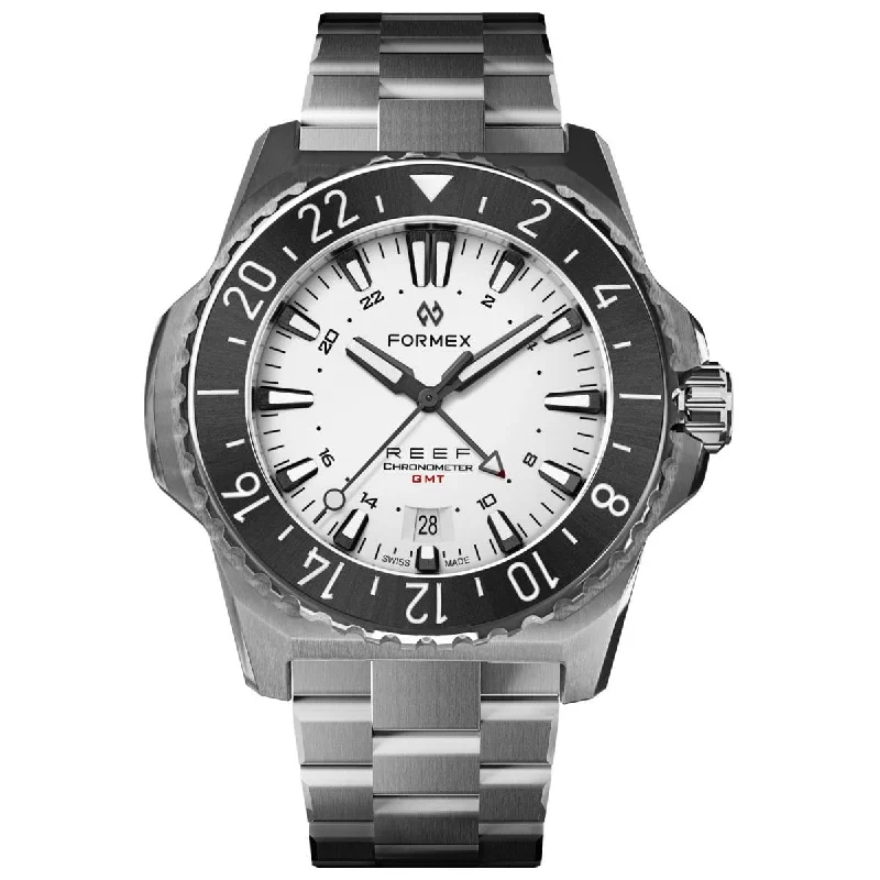 Men's Dive Watches with Smart Features -FORMEX REEF GMT - White Dial - Stainless Steel Bracelet