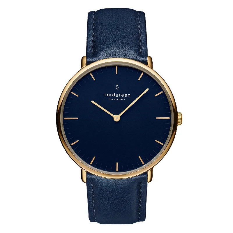 Unisex Solar Powered Watches-Nordgreen Native Navy Leather 36mm Gold Case Watch