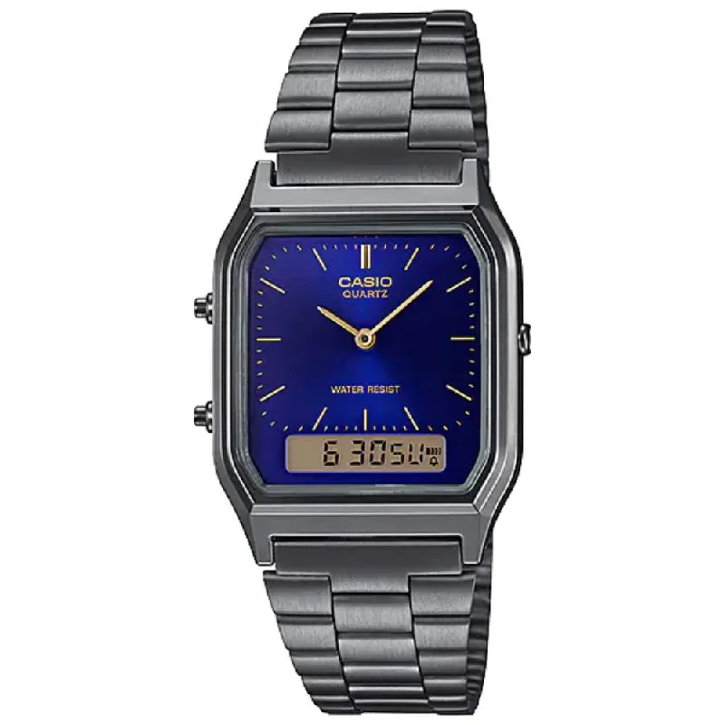 Unisex Square Case Watches-Casio Watch Vintage Retro Dual Time Blue AQ-230GG-2ADF