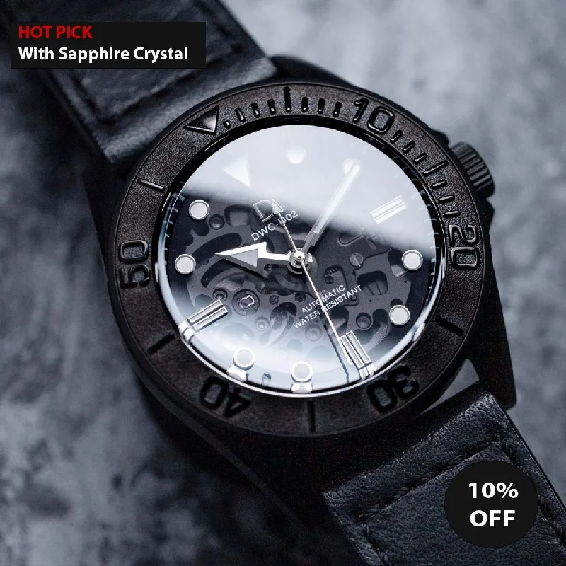 Buy Men's Skeleton Watches Online -DIY Watchmaking Kit | 42mm PVD Black NH70 Dive Watch With Sapphire Dial | DWC-D02S