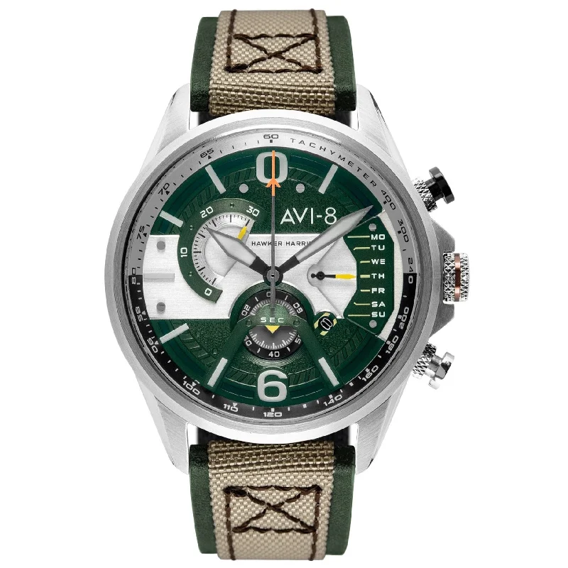 Men's Field Watches Hand-Wound Edition-AVI-8 Sand Military Green Hawker Harrier Chronograph Watch AV-4056-02