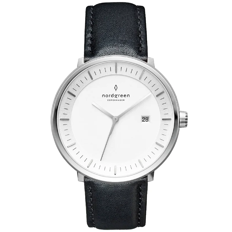 Unisex Italian Made Watches-Nordgreen Philosopher Black Leather 40mm Silver Case Watch
