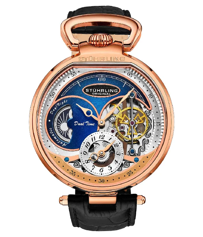 Blue Dial / Rose Case / Black Leather Strap Rose Gold Deployant Buckle