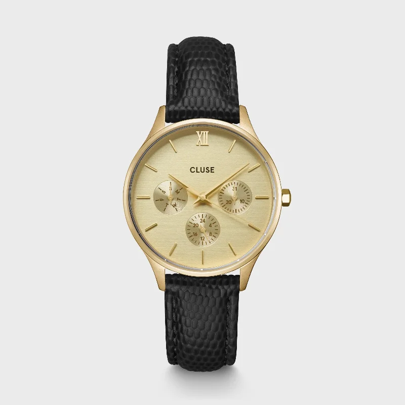 Women's Handmade Style Mechanical Watches-Minuit Multifunction Watch Leather, Black Lizard, Gold Colour