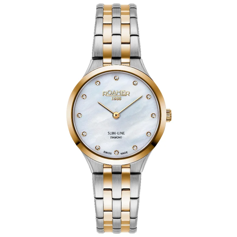 Men's Small Size Style Men's Watches-Roamer 512847 47 89 20 Slim-Line Classic Ladies Two-Tone Rose Gold Watch