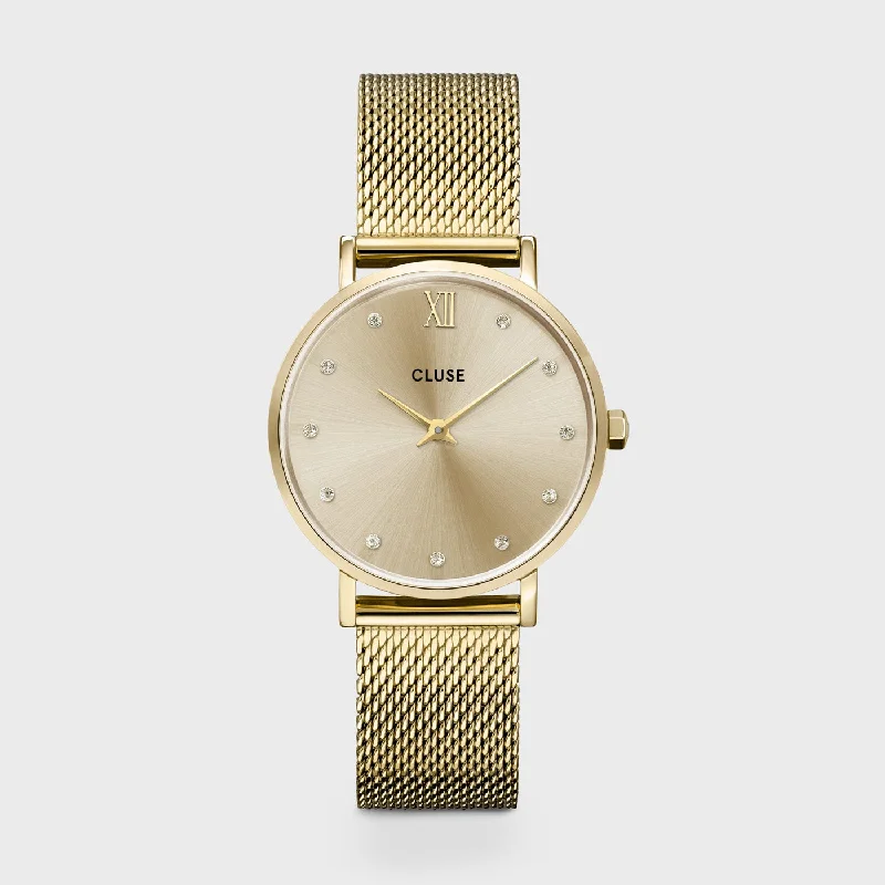 Women's Mechanical Watch Brands-Minuit Watch Mesh Crystals, Full Gold Colour