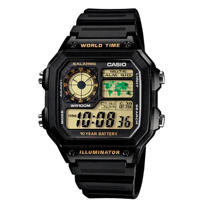 Unisex Square Case Style Watches-Casio Watch Digital World Time Illuminator Black AE-1200WH-1BVDF