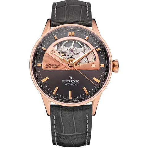 Men's Swiss Smart Edition-Edox Women's Automatic Watch Les Vauberts Open Heart 37mm Black Rose Gold 85019 37RG GIR