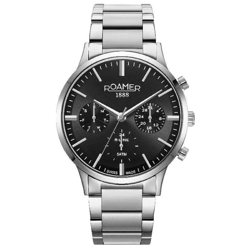 Men's Asian Made Style Dress Watches-Roamer 718982 41 55 70 R-Line Multifunction Men's Black Watch
