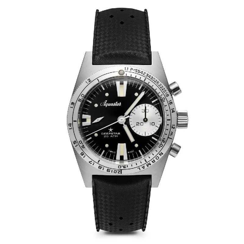 Top Rated Men's Chronograph Watches -Aquastar Deepstar 39mm Chronograph Vintage Black Dial Tropic Strap