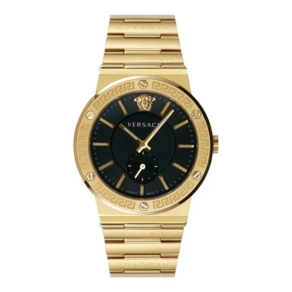 Men's Swiss Watch Store-Versace Greca Logo Men's Black Gold Watch VEVI00821