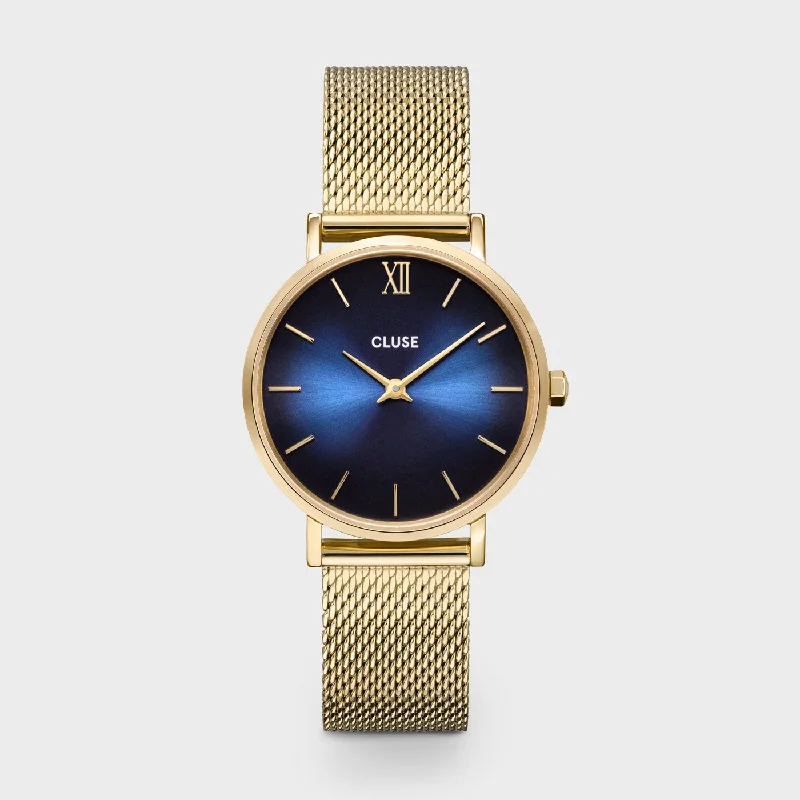 Women's Hand-Wound Style Mechanical Watches-Minuit Watch Mesh, Deep Blue, Gold Colour