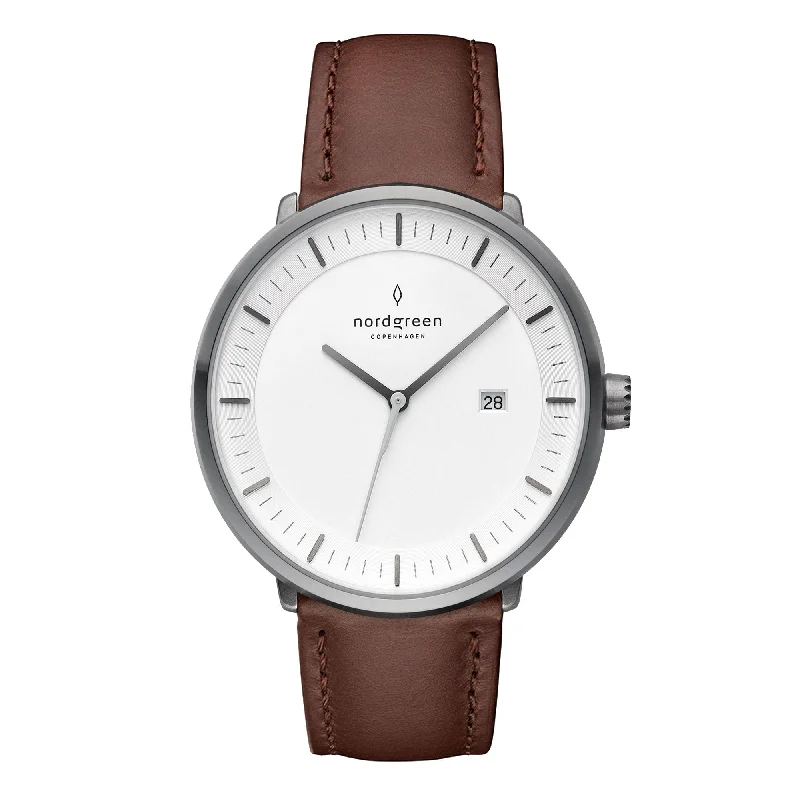 Men's Brown Leather Dress Watches-Nordgreen Philosopher Dark Brown 36mm Gun Metal Case Watch