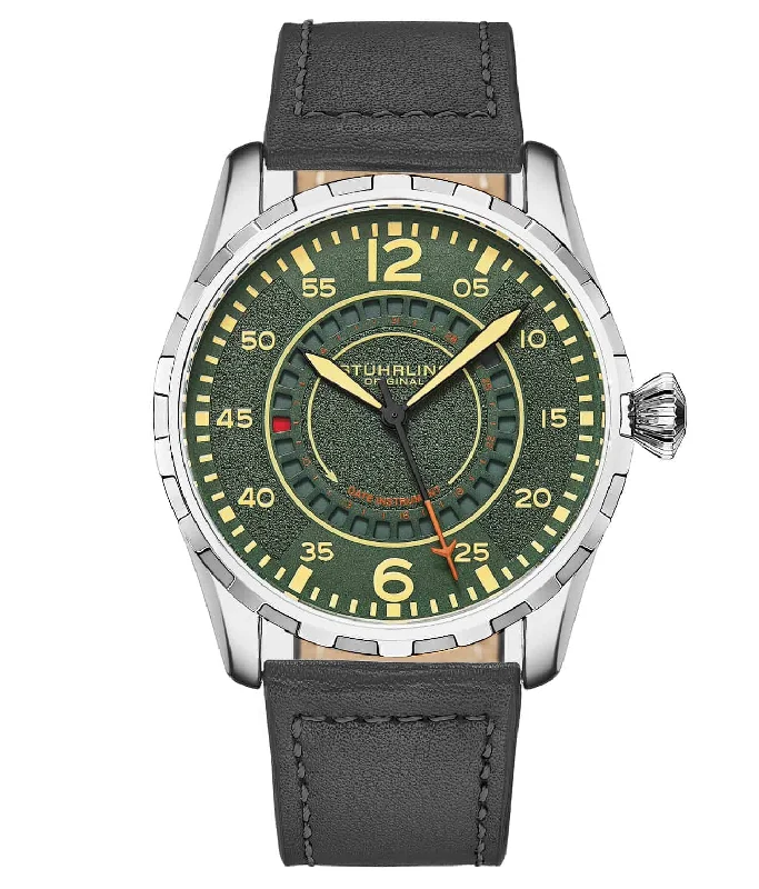 Green Dial / Silver Case / Grey Leather Strap Silver Tang Buckle