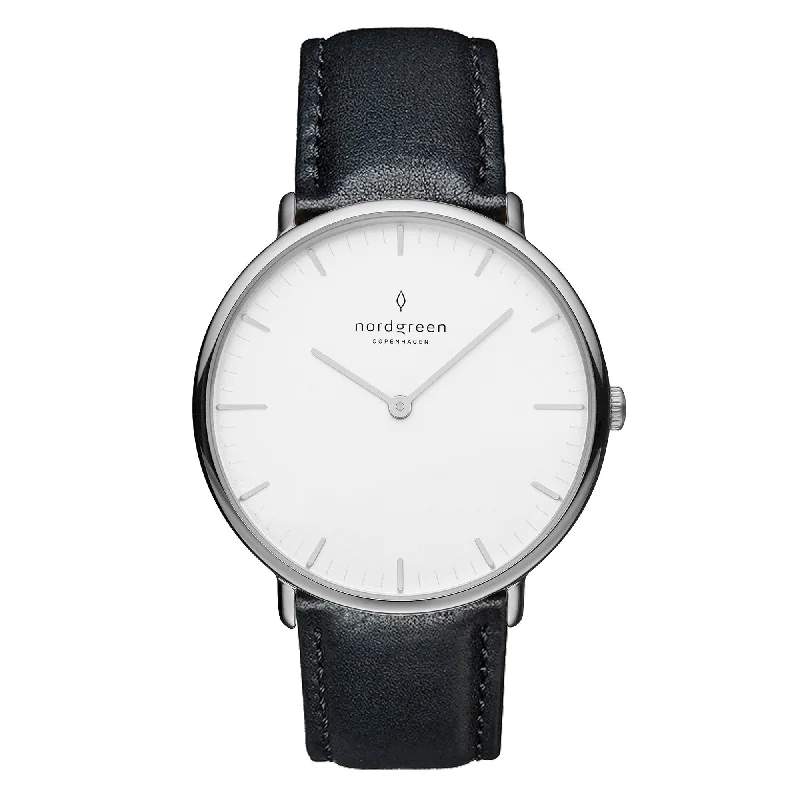 Men's Party Wear Design Dress Watches-Nordgreen Native Black Vegan Leather 32mm Silver Case Watch