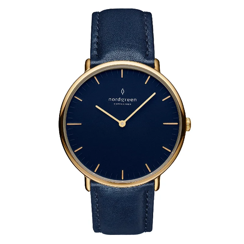 Men's Stainless Steel Dress Watches-Nordgreen Native Navy Leather 40mm Gold Case Watch