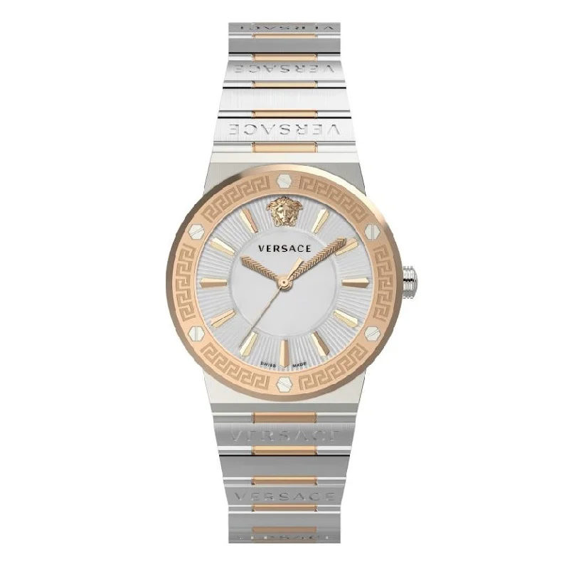 Men's Swiss Watch Distributor-Versace Greca Logo Ladies' Silver Gold Watch VEVH01020
