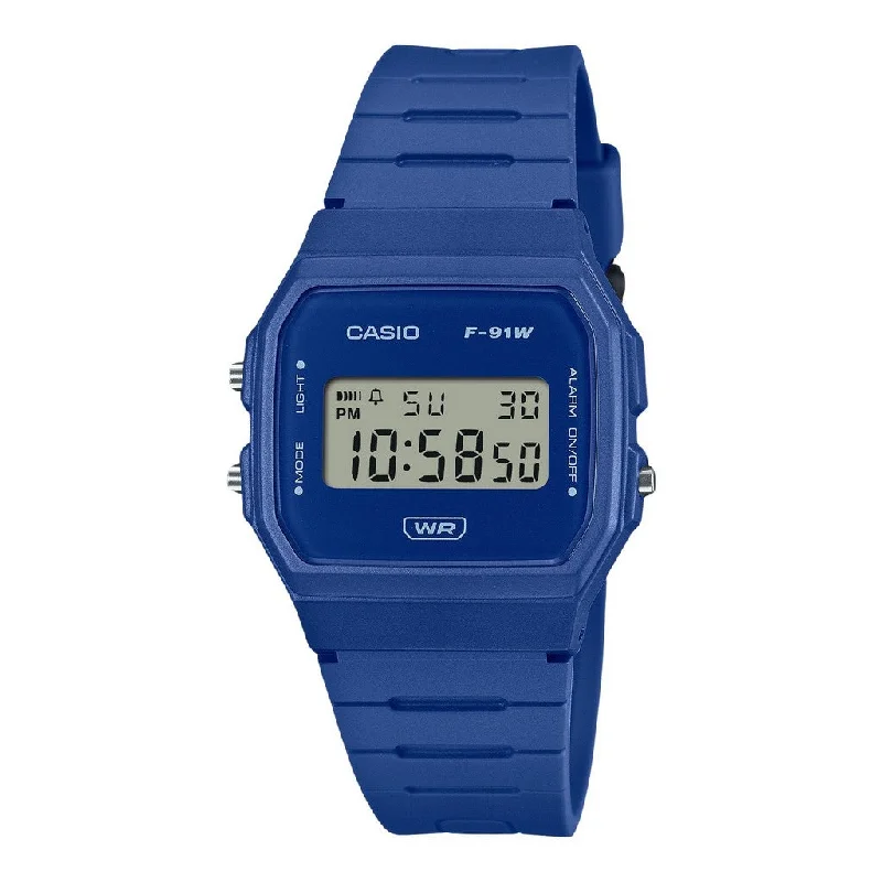 Men's Eco-Drive Digital Watches-Casio POP F-91WB-2A1DF Unisex Blue Bio Based Digital Watch