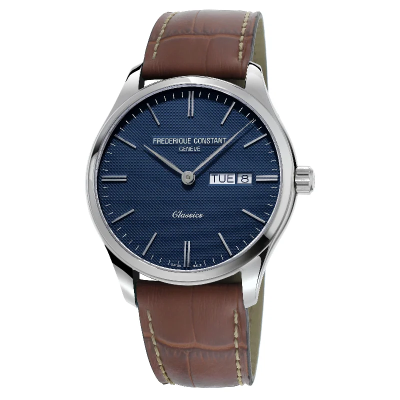 Men's Sophisticated Style Men's Watches-Frederique Constant Watch Men's Classic Brown Leather Blue FC-225NT5B6