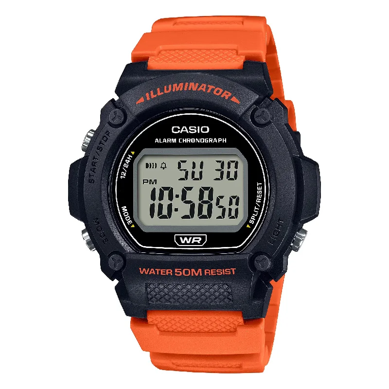 Unisex Round Case Watches-Casio Watch Chronograph Digital Black Orange W-219H-4AV