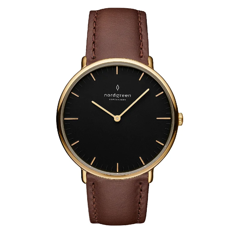 Men's Local Brand Style Dress Watches-Nordgreen Native Brown Leather 36mm Gold Case Watch