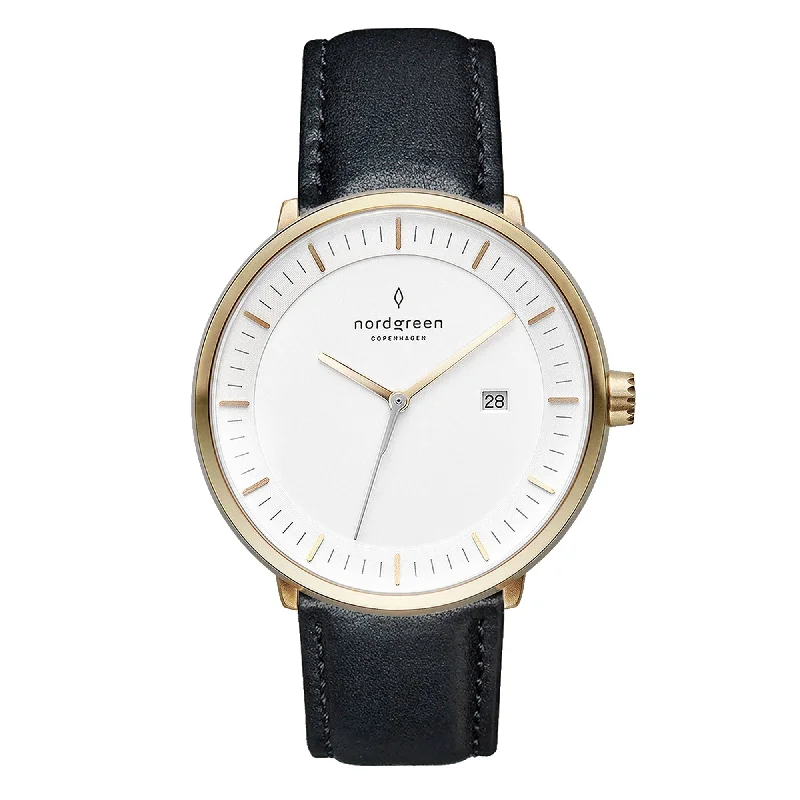 Men's Sophisticated Dress Watches-Nordgreen Philosopher Black Leather 36mm Gold Case Watch