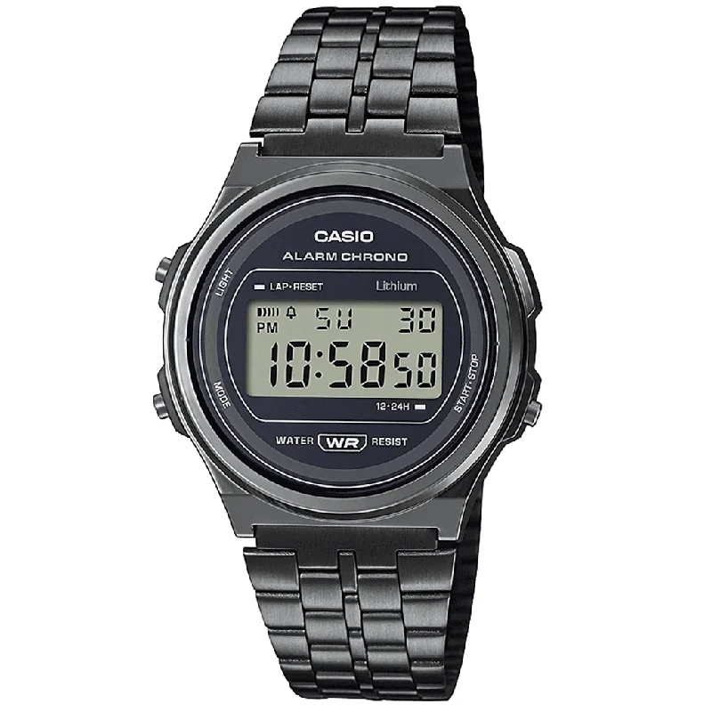 Unisex Rectangular Case Watches-Casio Vintage Unisex Black Watch A171WEGG-1AEF