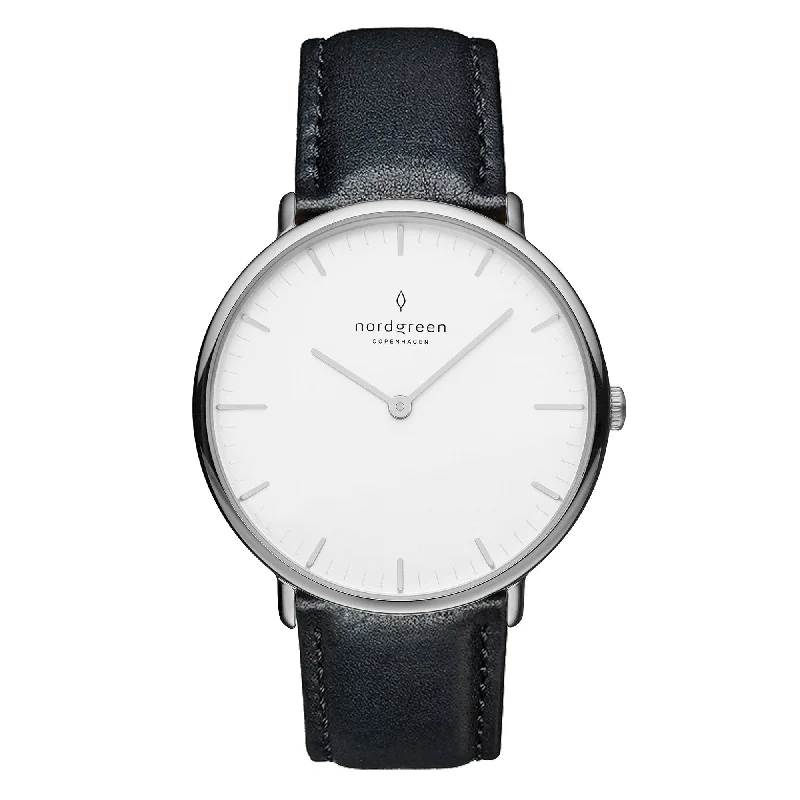 Unisex Hand-Wound Watches-Nordgreen Native Black Leather 36mm Silver Case Watch