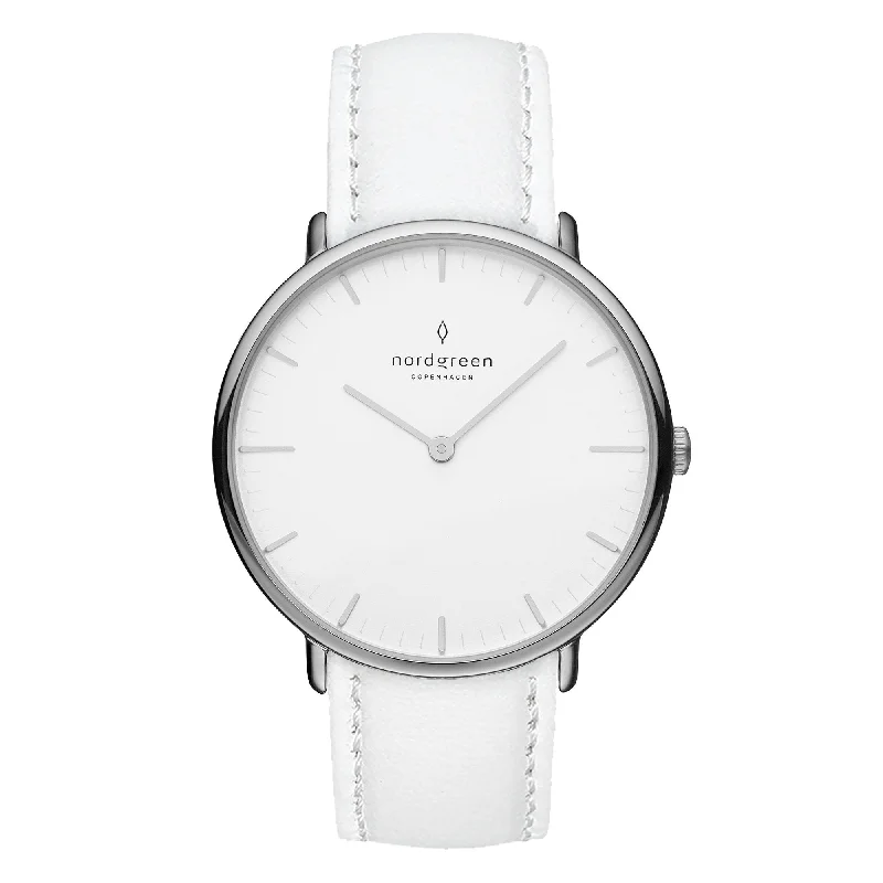 Unisex Asian Made Watches-Nordgreen Native White Leather 32mm Silver Case Watch