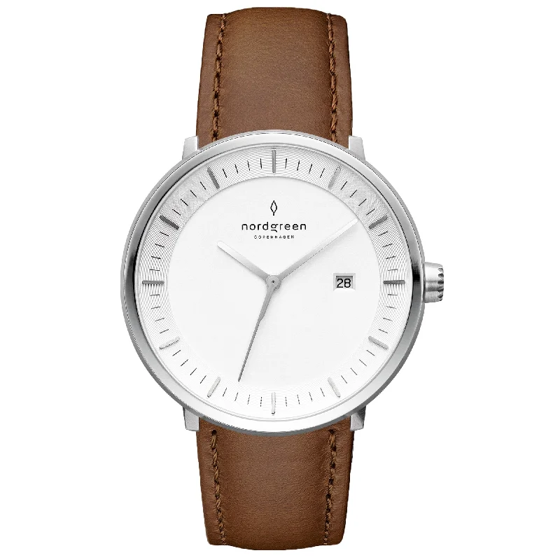 Unisex Thick Case Watches-Nordgreen Philosopher Brown Leather 36mm Silver Case Watch
