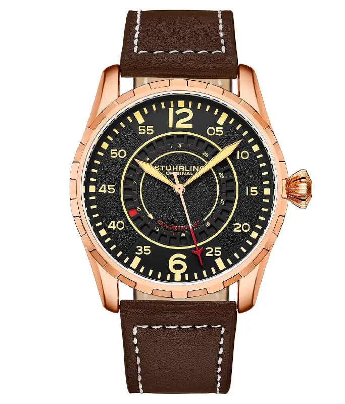 Black Dial / Rose Case / Brown Leather Strap Rose Gold Layered Tang Buckle