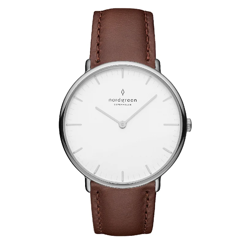 Unisex Eco-Drive Watches-Nordgreen Native Dark Brown Leather 36mm Silver Case Watch