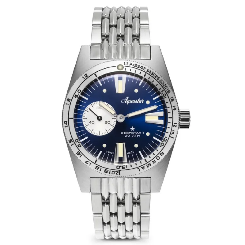 Men's Dive Watches with Tactical Features -Aquastar Deepstar 2 37mm Blue Ray Dial BOR Bracelet