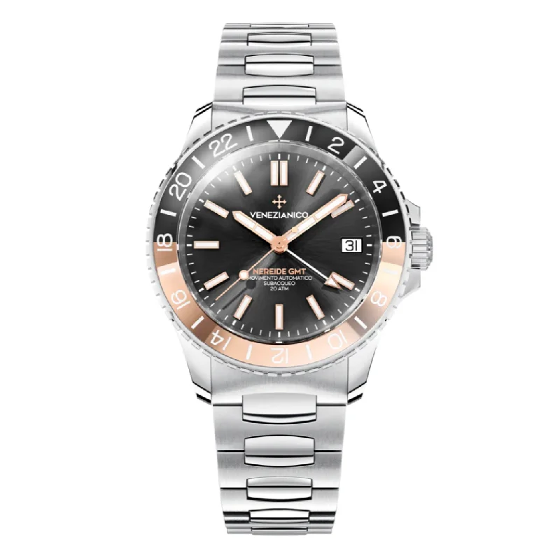 Luxury Men's GMT Watches with Leather Strap -​Venezianico Automatic Watch Nereide GMT Black 3521504C