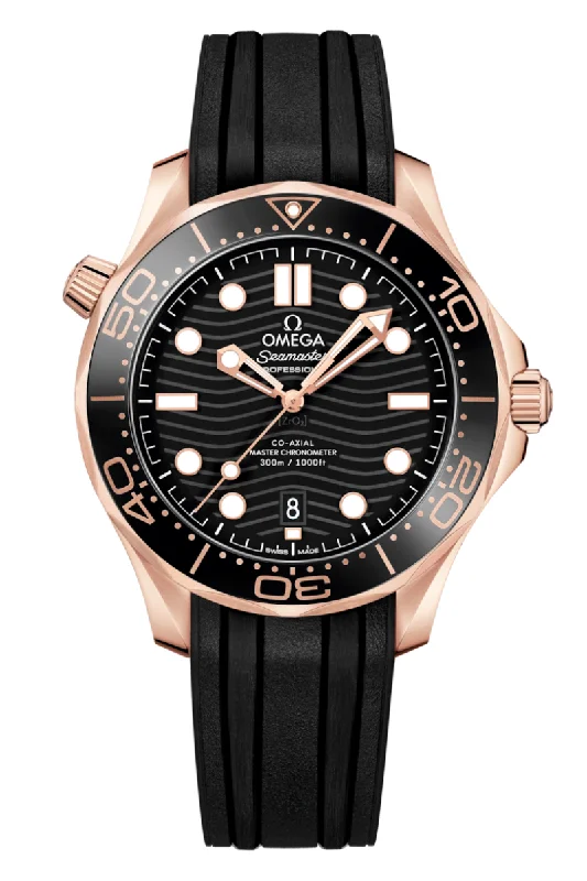 Men's Leather Strap Dress Watches-Omega Seamaster Diver 300M Sedna Gold Master Chronometer 210.62.42.20.01.002