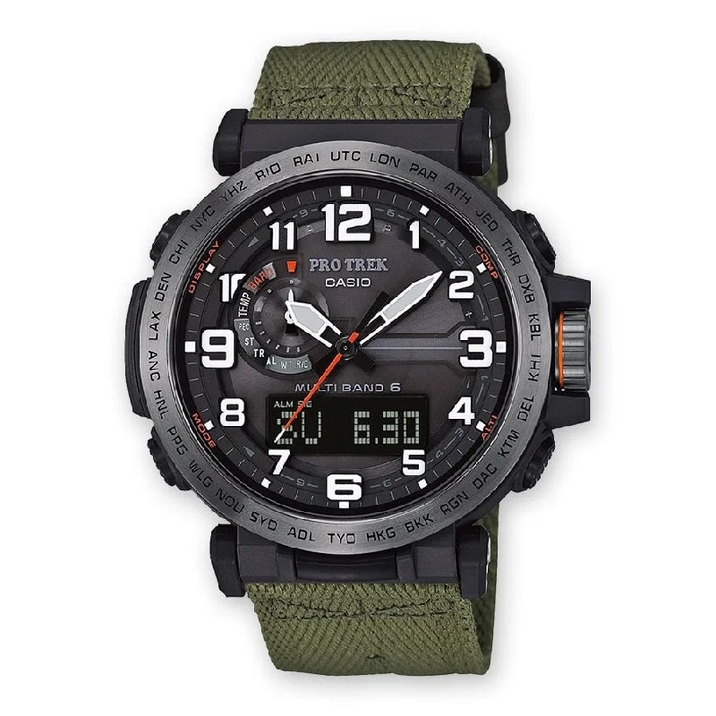 Men's Automatic Time Sync Watches-Orologio Casio Pro Trek PRW-6600YB-3ER radiocontrollato canvas verde