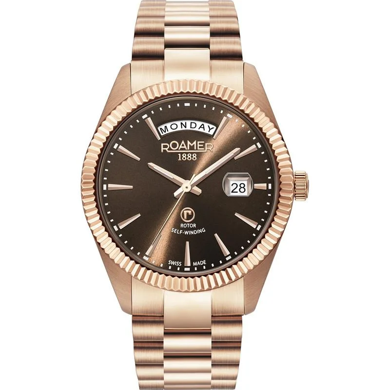 Men's Gift Style Dress Watches-Roamer Men's Rose Gold Primeline Daydate Mechanical Watch 981662 49 65 90