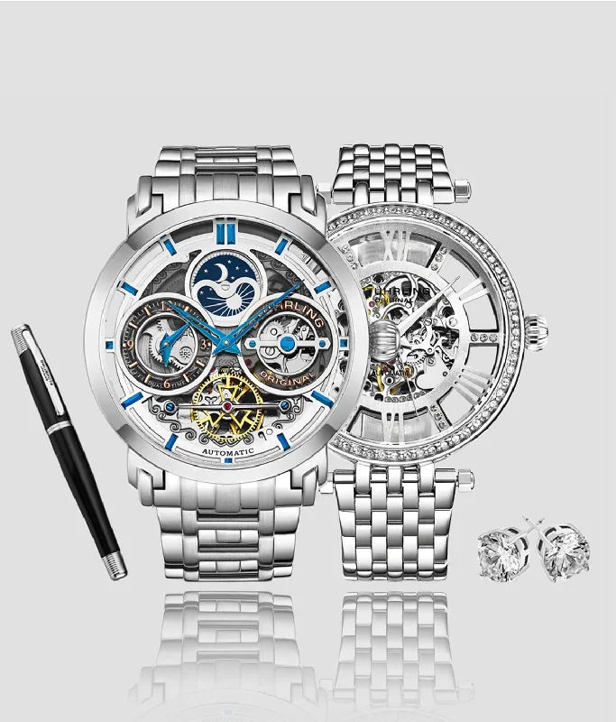 Men's Heritage Watch New Year's Eve Edition-Stunning Skeletons Duo with Signature Pen and Stud Earring