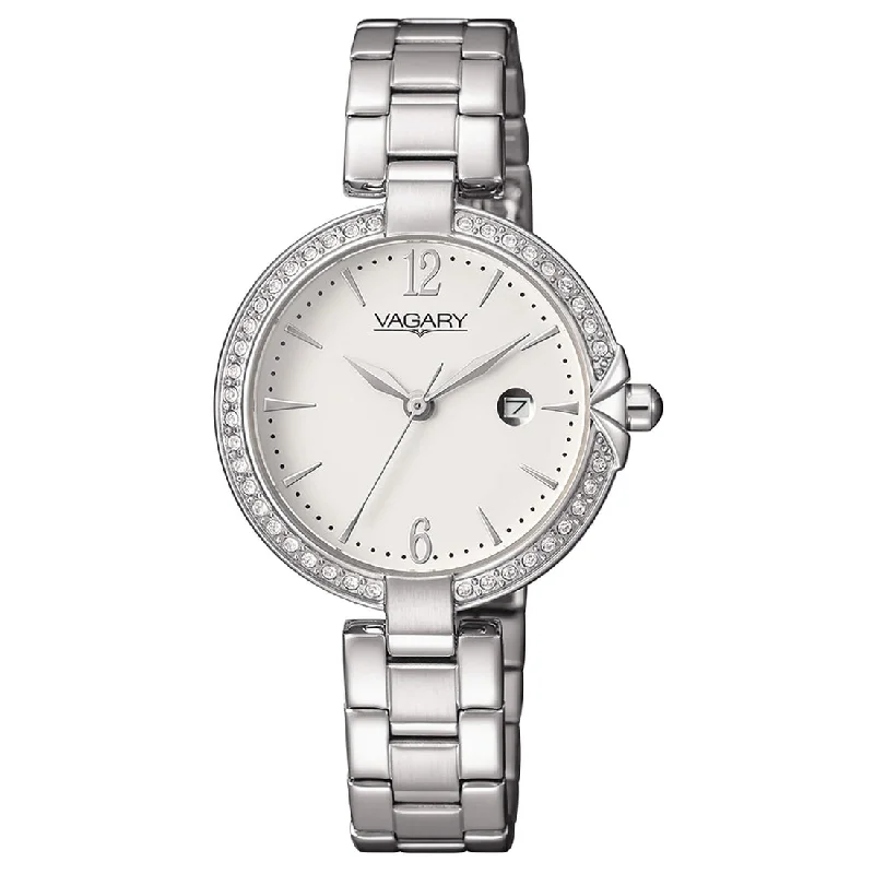 Women's Extra Large Style Mechanical Watches-Orologio Vagary da donna IU3-215-11 bianco lunetta zirconi