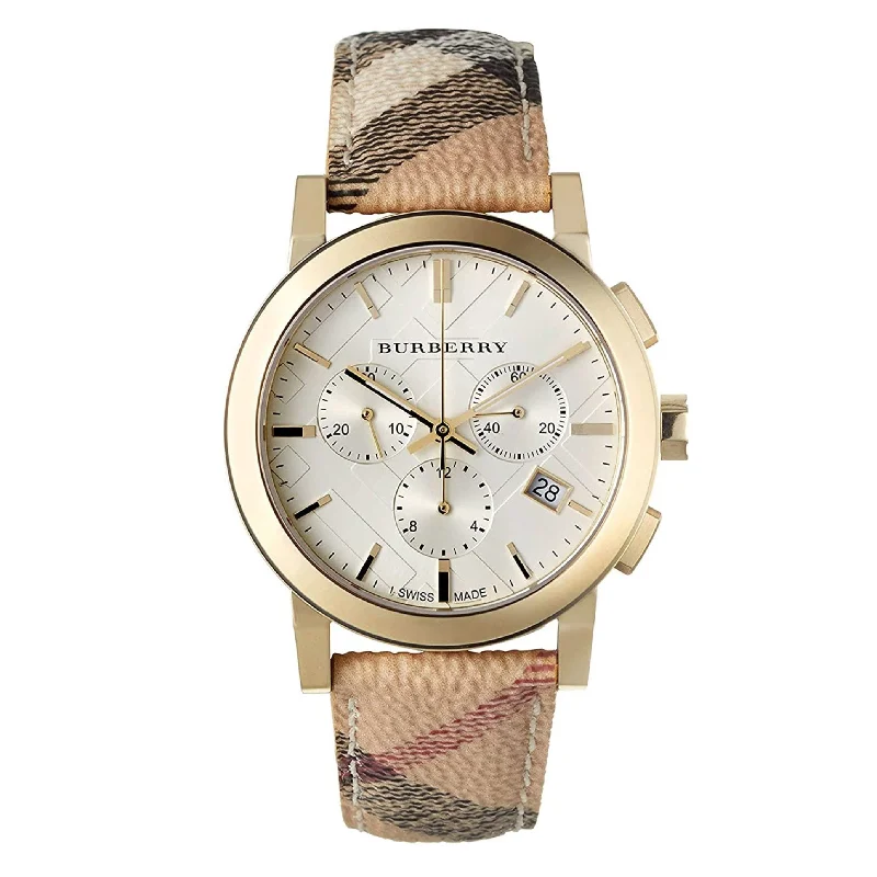 Unisex Thick Case Style Watches-Burberry BU9752 Haymarket Chronograph Gold 38mm Watch