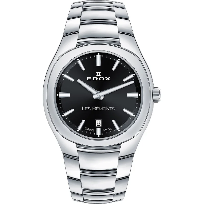 Men's Swiss Engraved Edition-Edox Les Bèmonts Ladies Silver Black Watch 57004-3-NIN