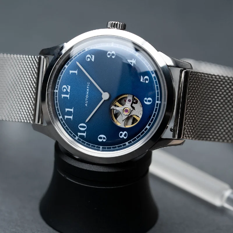 Affordable Skeletonized Men's Watches -DIY Watchmaking Kit | 38.5mm Mosel Blue open heart vintage dress watch w/ Miyota 82S0