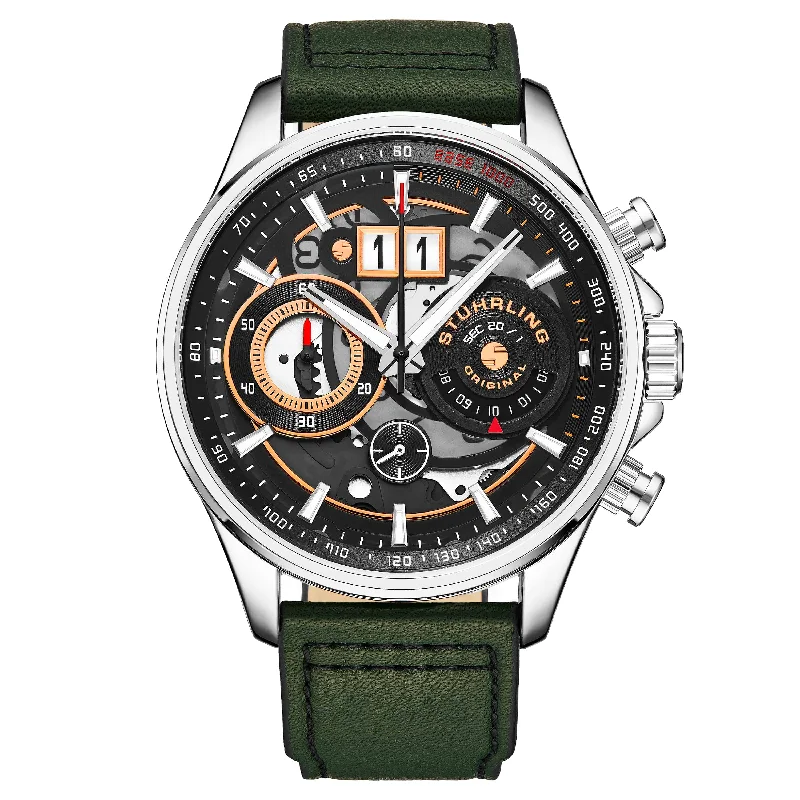 Black Dial / Silver Case / Green Calf Skin Leather Strap Silver Tang Buckle