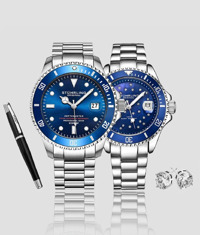 Men's Dive Watches with Eco-Drive Technology -Deep Blue Divers Trio with Signature Pen and  Stud Earring