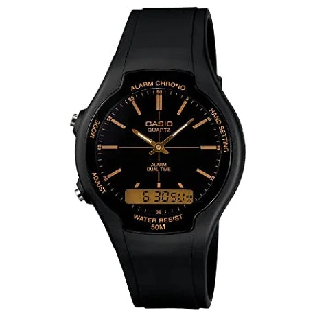 Unisex Oval Case Watches-Casio Watch Black and Gold AW-90H-9EVDF
