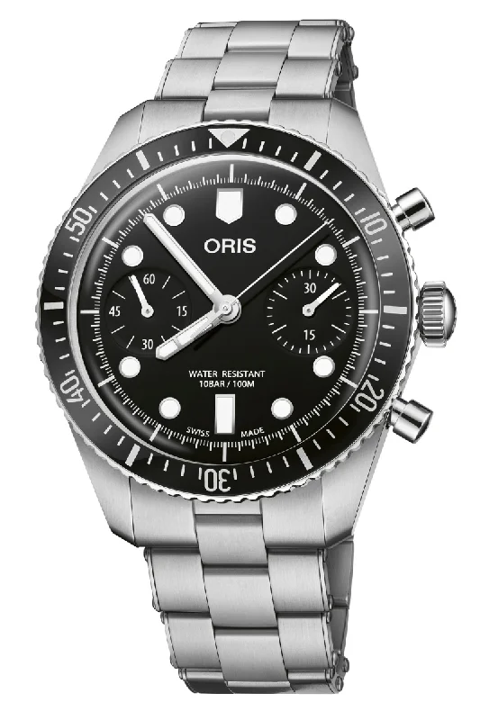 Men's Brown Leather Dress Watches-Oris Divers Sixty-Five Chronograph 40mm 01 771 7791 4054-07 8 20 18