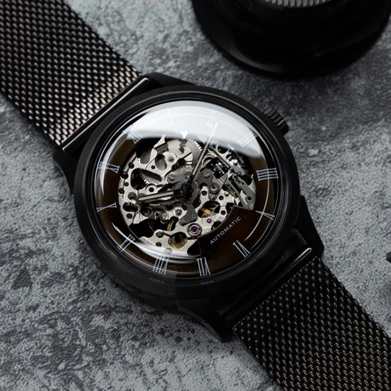 Best Skeletonized Watches for Men -DIY Watchmaking Kit | Black 38.5mm Mosel - Brunette Skeleton vintage dress watch w/ Miyota 8N24