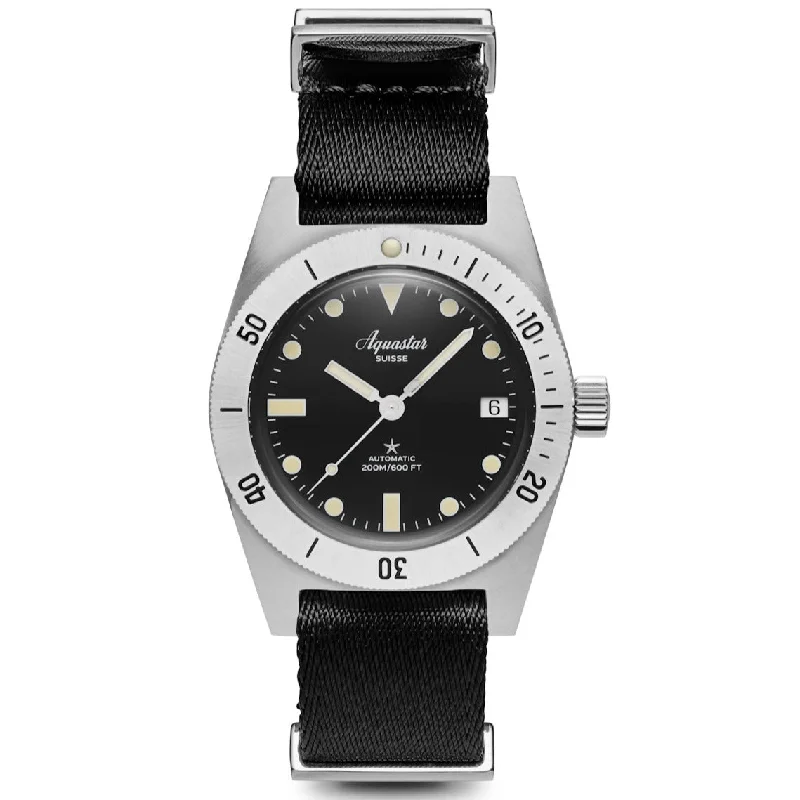 Men's Dive Watches with Enhanced Design for Divers -Aquastar Model 60 Black Dial on Nylon Strap