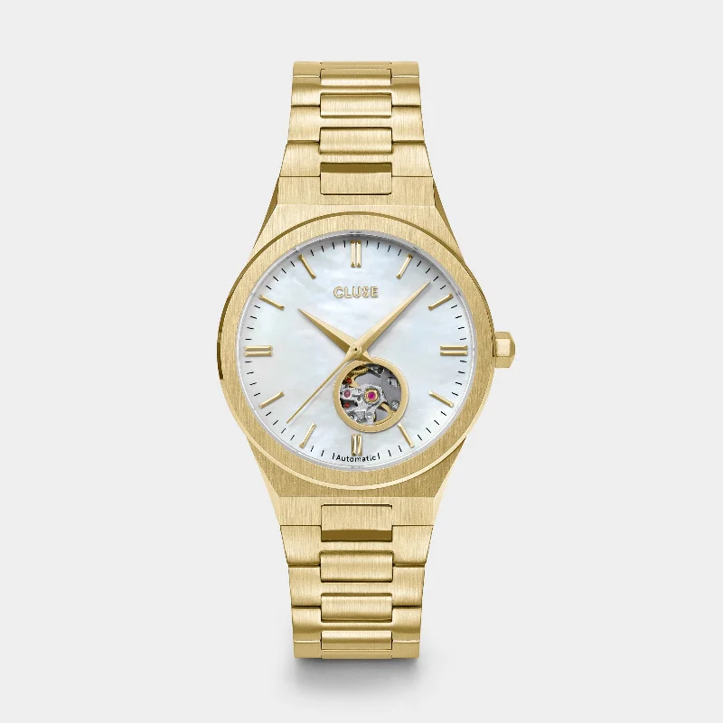 Women's Engraved Style Mechanical Watches-Vigoureux Automatic Watch Steel, White MOP, Gold Colour